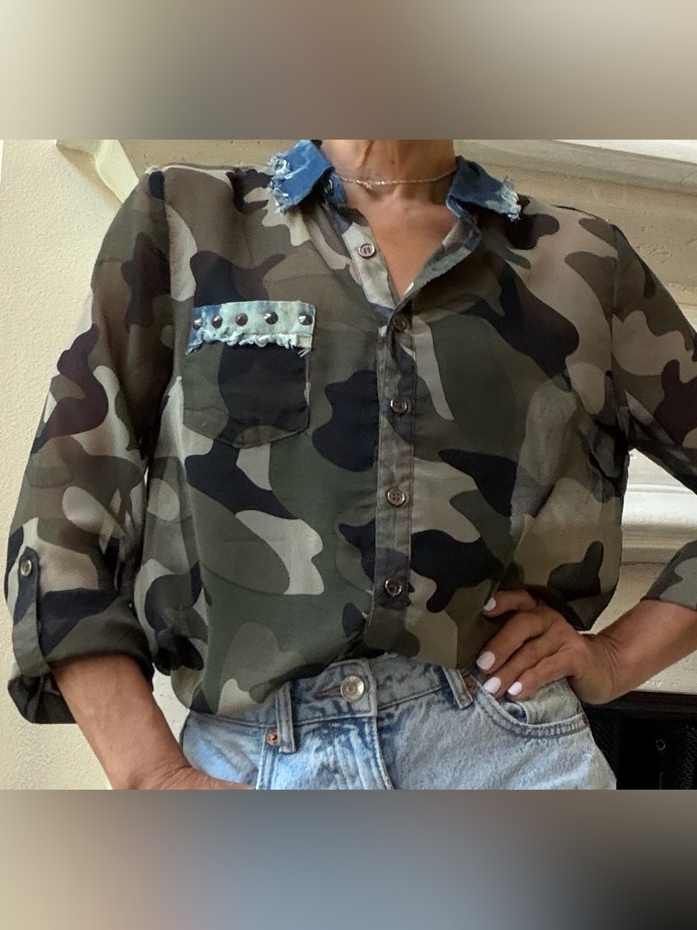 “FIFTYSTREET” Camouflage Button-Up Sheer Women’s Top- Olive Green